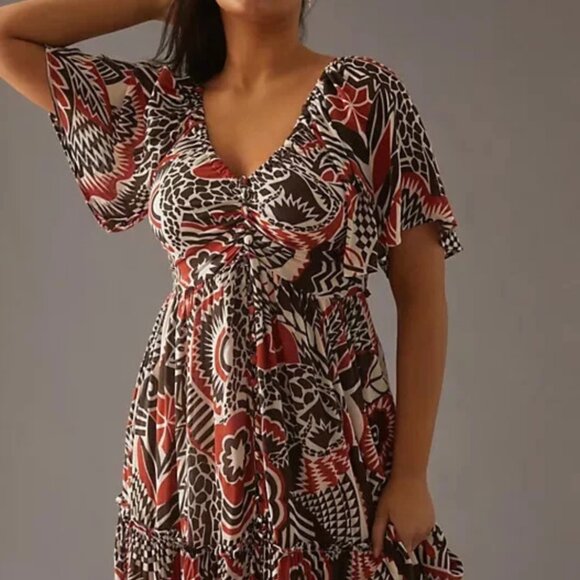 Anthropologie Dresses & Skirts - Anthropologie Tiered Maxi Dress V Neck Flutter Sleeve Southwestern Size M